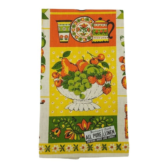 Parisian Prints Tea Towel Fruit Bowl Floral Kettle All Pure Linen NOS Lot of 3 - Picture 5 of 9